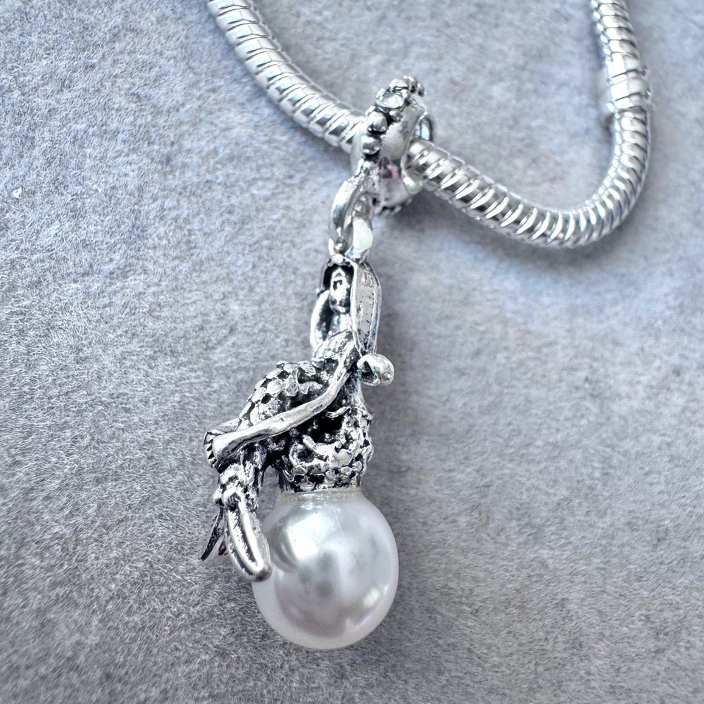 Mermaid Dangle Charm White Pearl Silver Tone fits PANDORA
